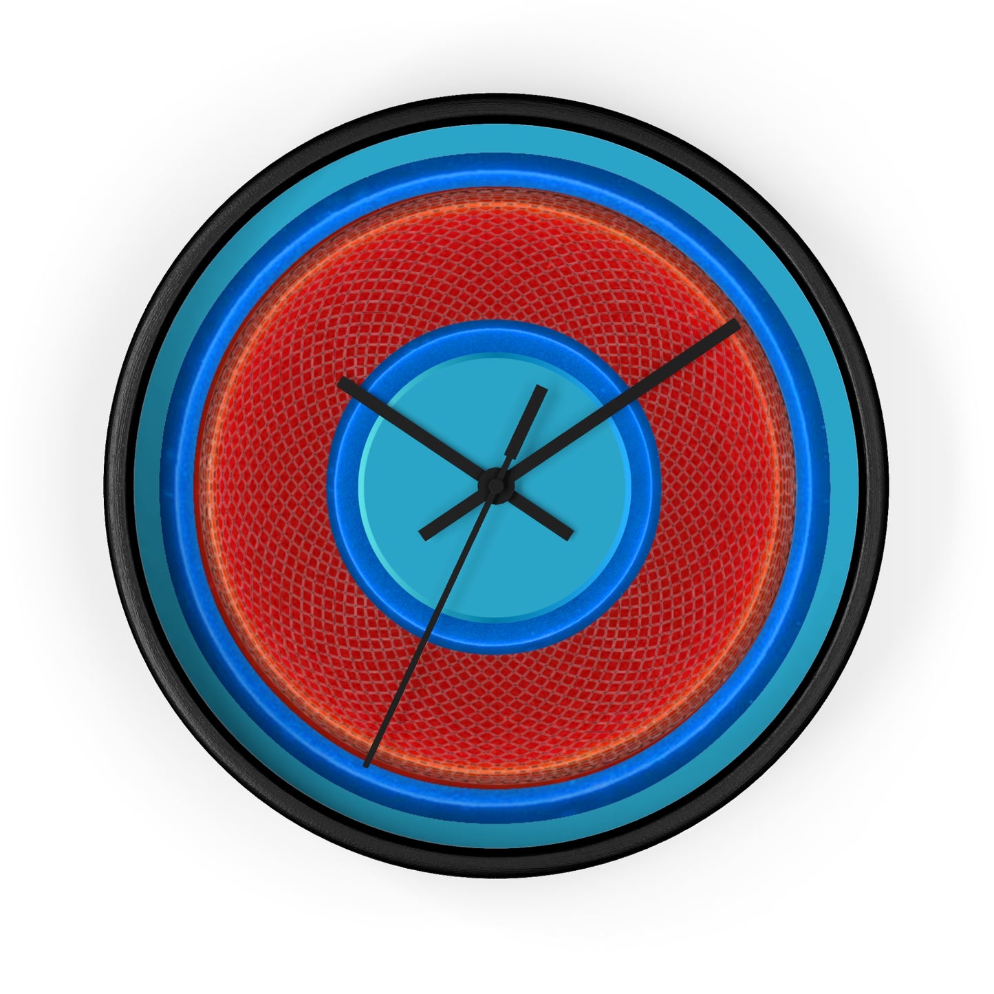Lumpy Wall Clock - red rustic donut w/light blue edging - variant 6 w/aquamarine blue background