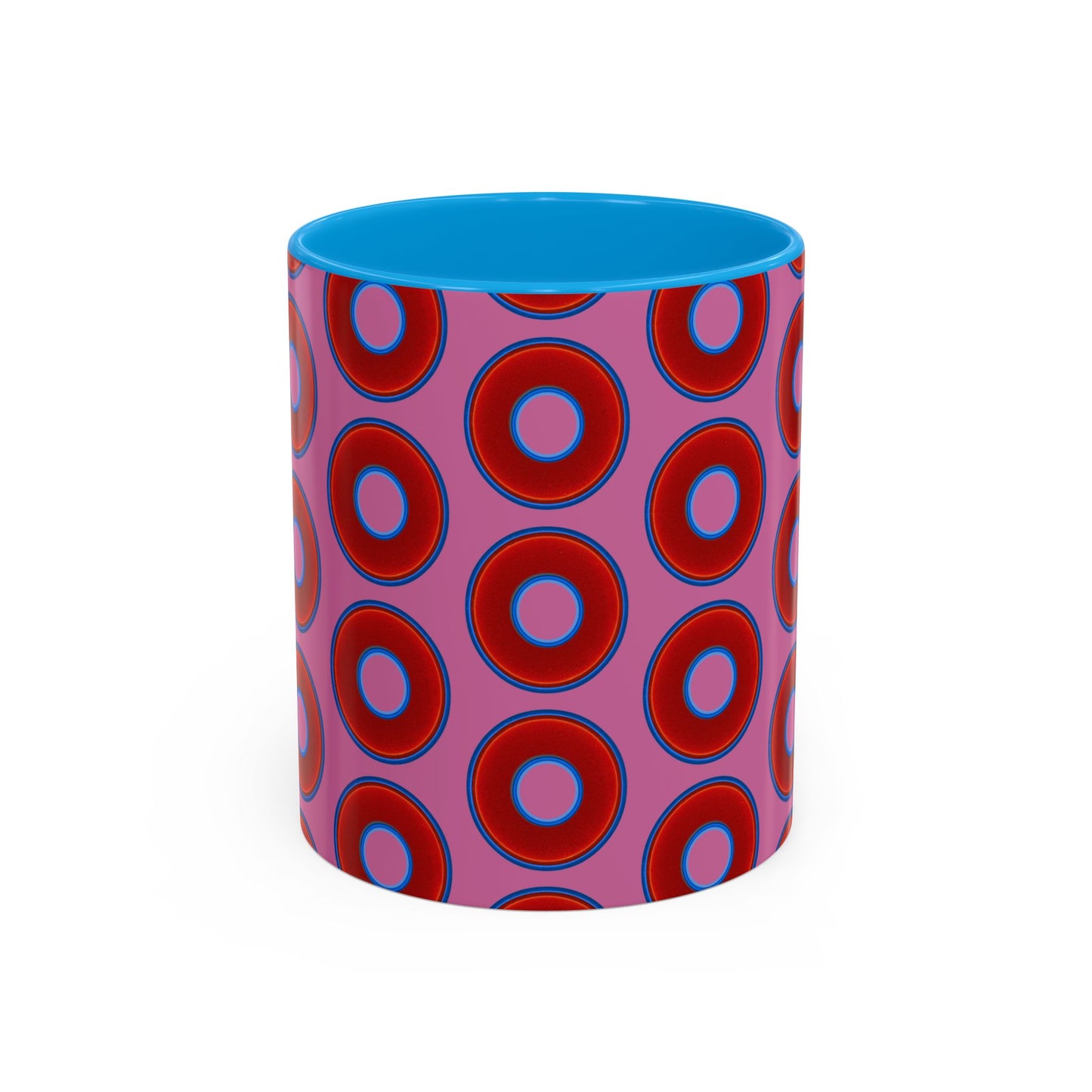 Lump's Grumpy Coffee Mug - vivid red donuts w/pink background