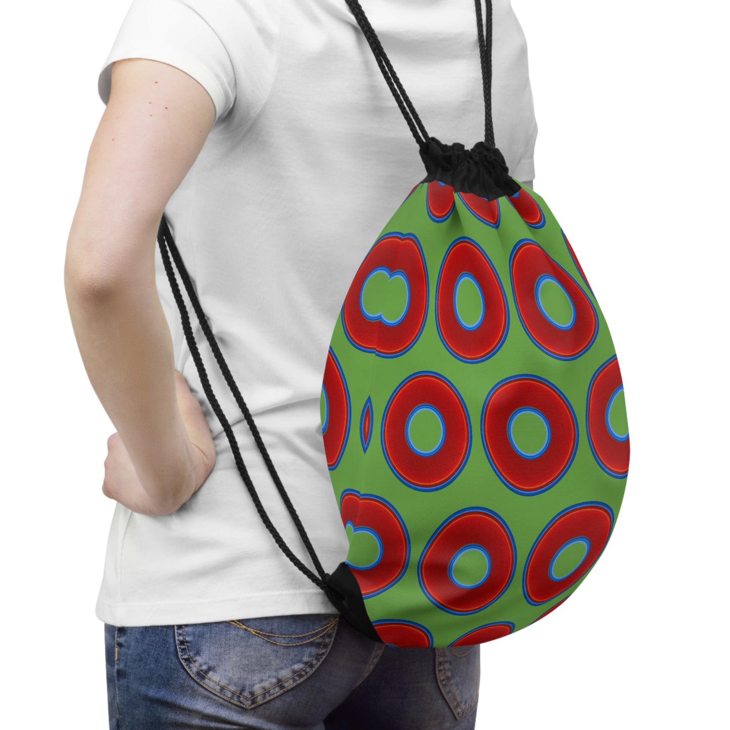 Lumpy Donut Drawstring Bag - red vivid donuts print w/light green background
