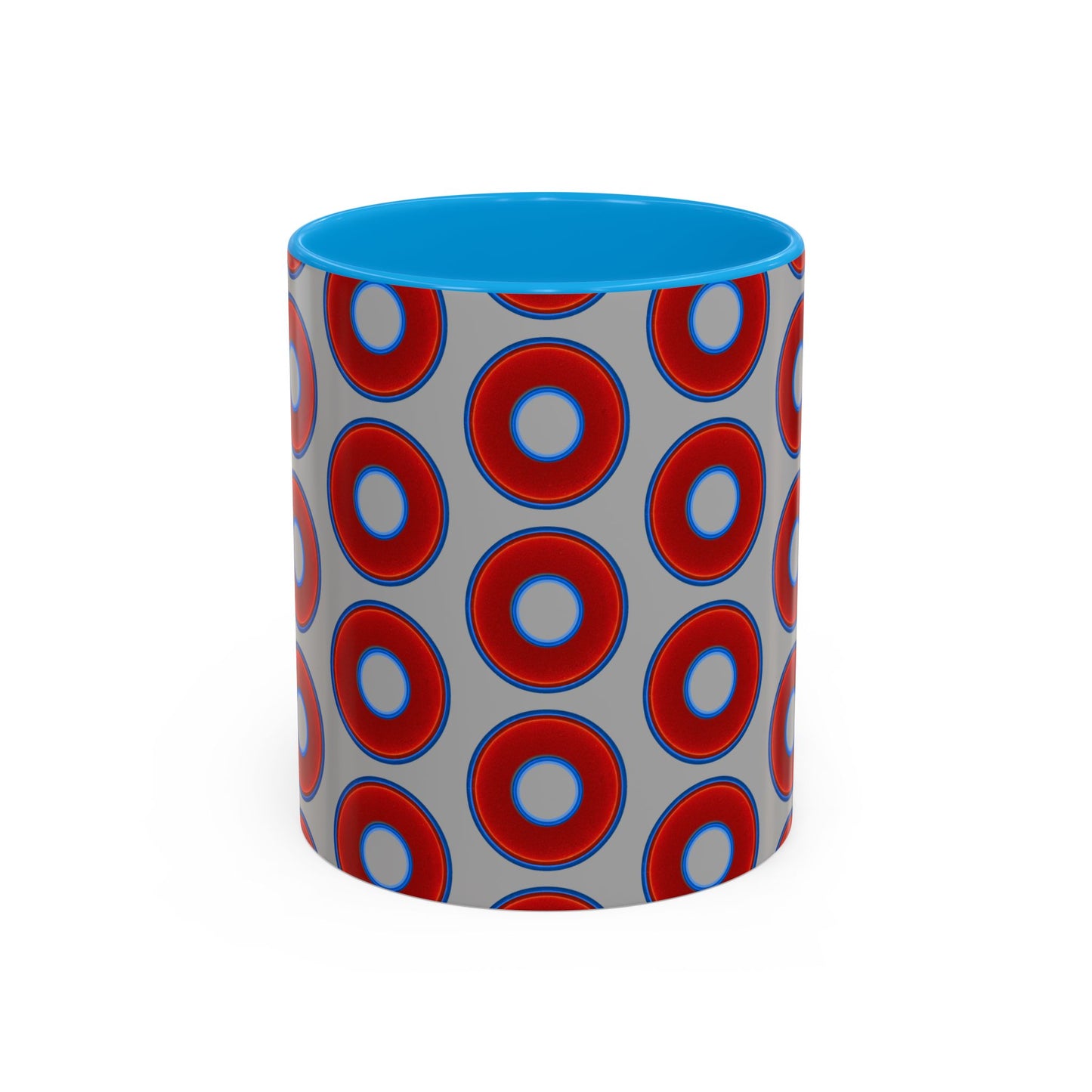 Lump's Grumpy Coffee Mug - vivid red donuts w/light gray background