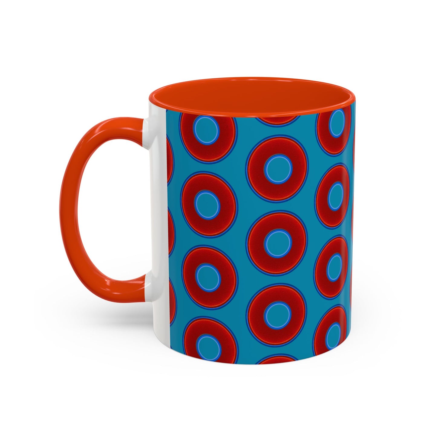 Lump's Grumpy Coffee Mug - vivid red donuts w/aquamarine blue background