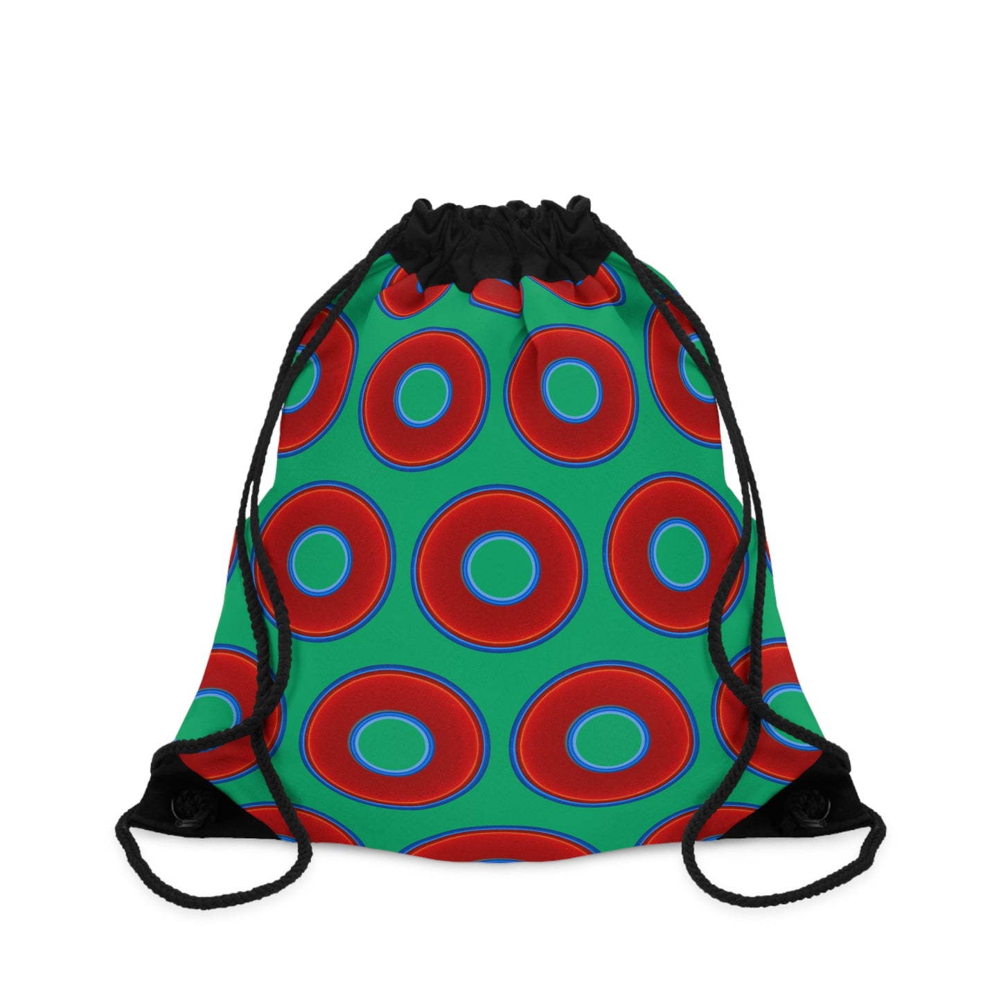 Donut Drawstring Bag - red vivid donuts print w/jade green background