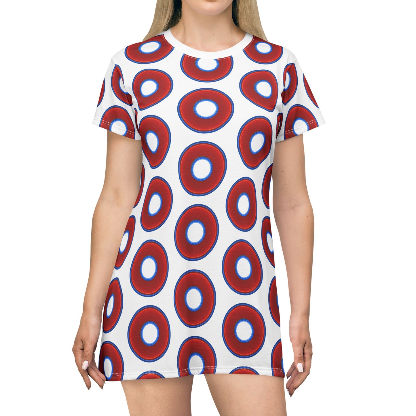 Not a Muumuu AOP Tee Shirt Dress - red vivid donuts w/white background
