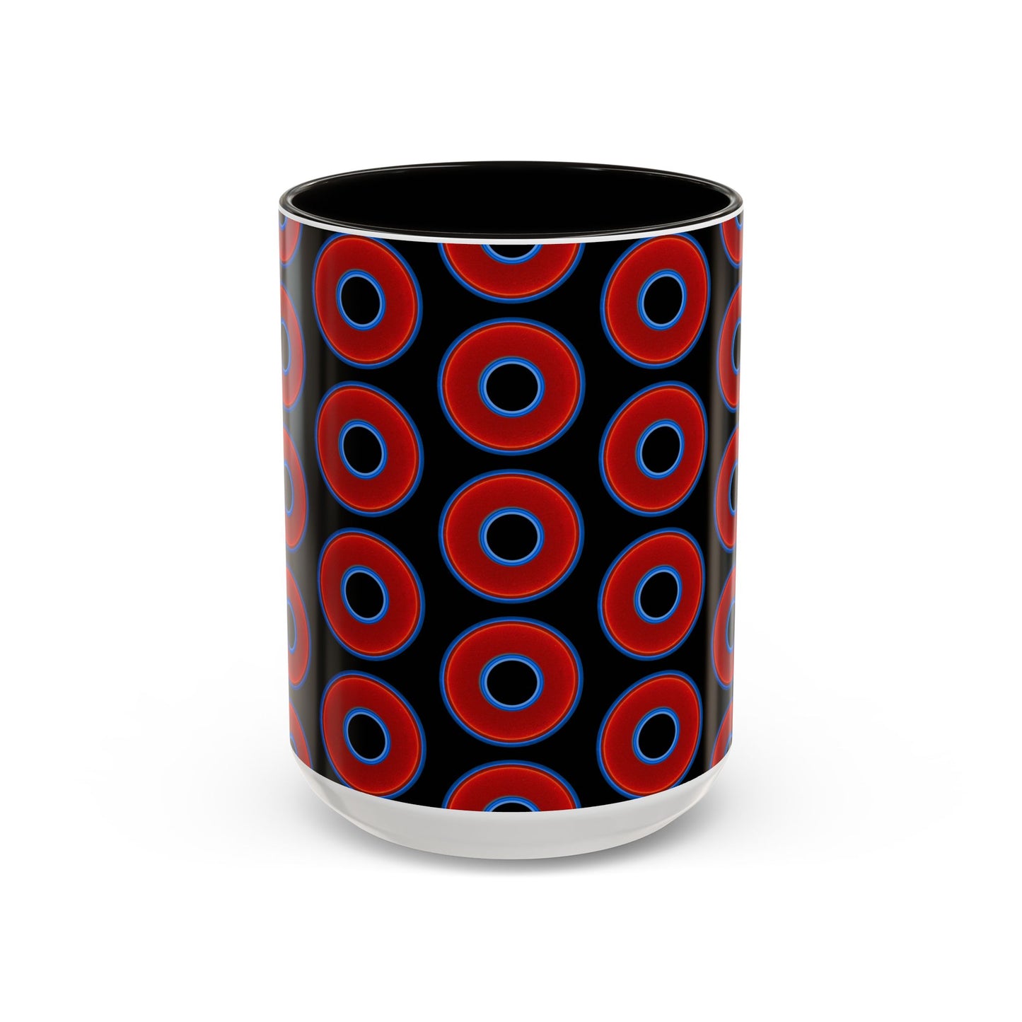 Lump's Grumpy Coffee Mug - vivid red donuts w/black background