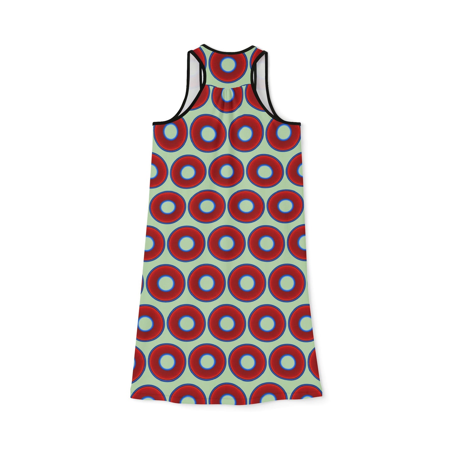 Tela's Lumpy Racerback Donut Dress - red vivid donut print w/seafoam background