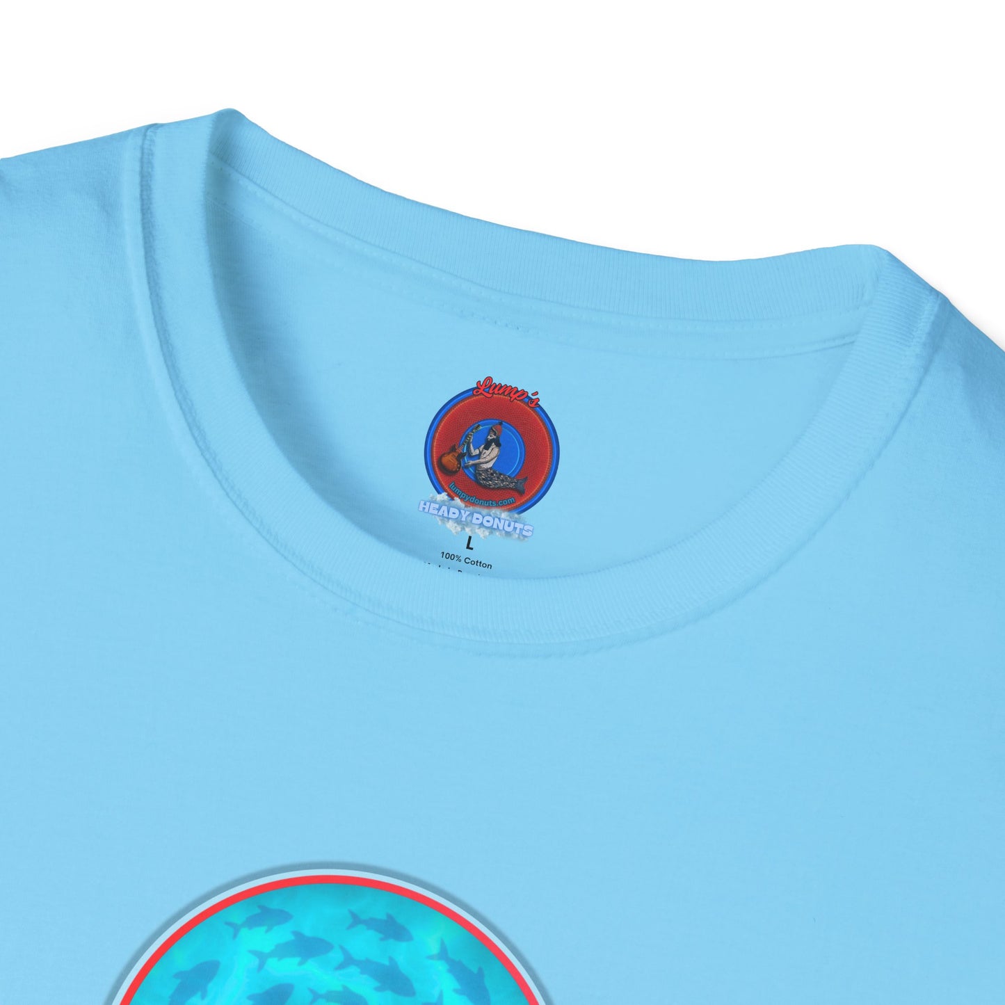 Classic Donut Tee - Unisex Soft-Style - "Skoolie of Phishies" - vivid sea donut - w/light blue water - variant 1