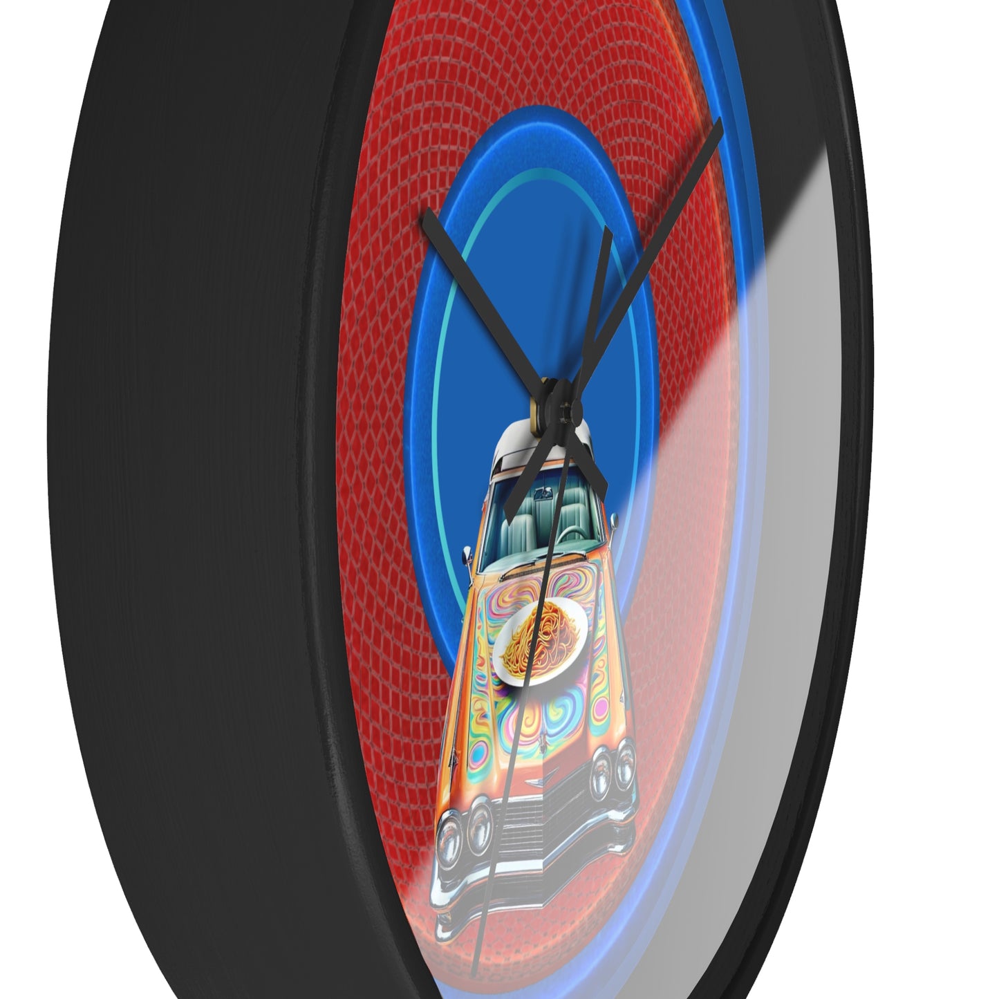 Lumpy Wall Clock - "Cadillac Rainbows & Eating on the Run" - variant 1 - rustic red/blue donut w/dark royal blue background
