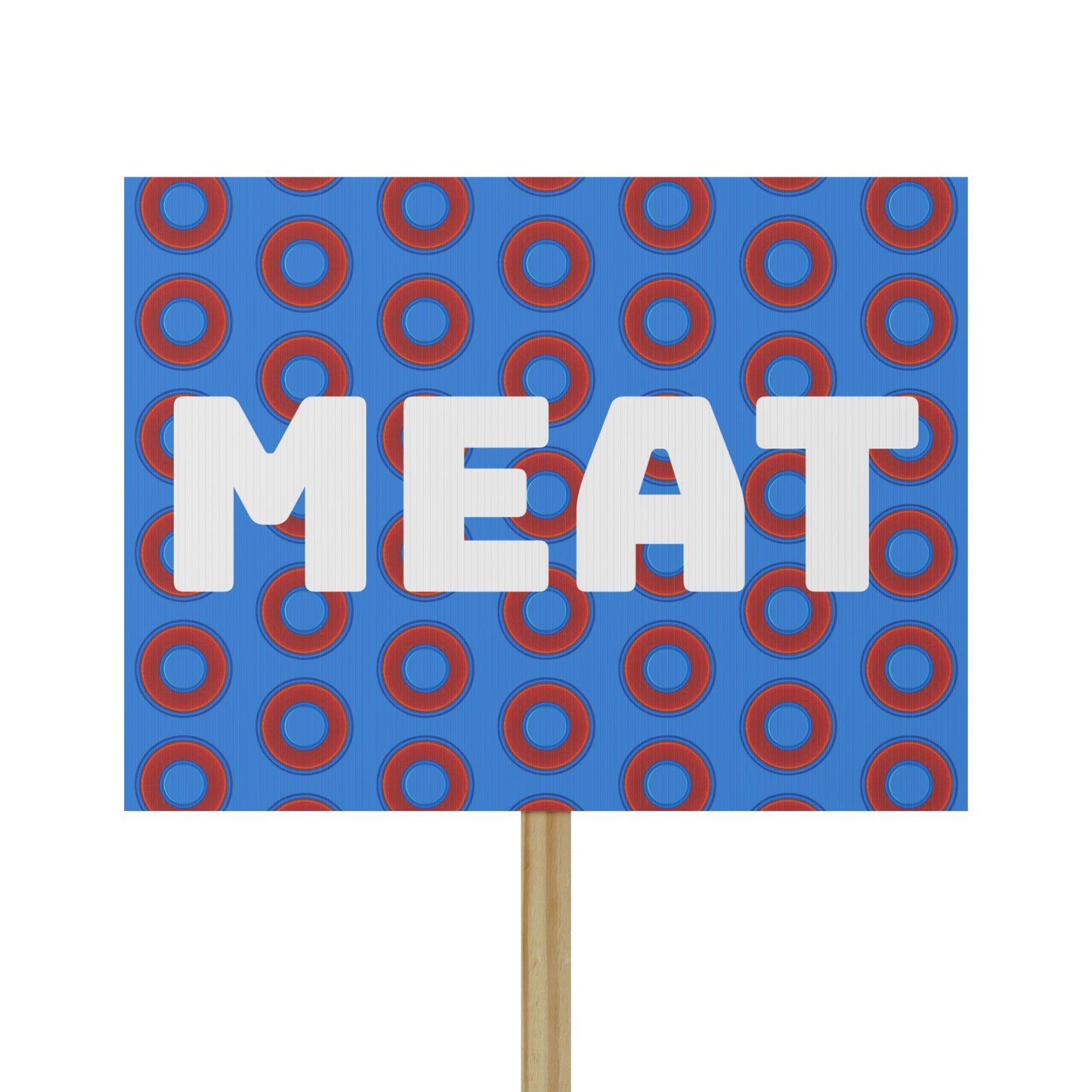 Meatstick Meet Sign - rustic red/blue donut print w/light royal blue background