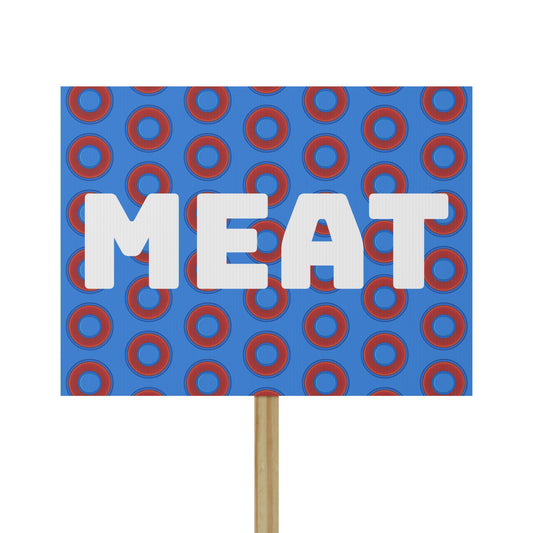 Meatstick Meet Sign - rustic red/blue donut print w/light royal blue background