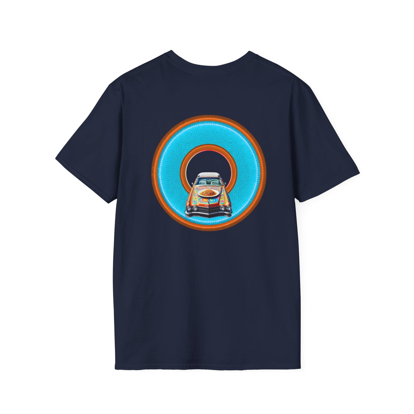 Classic Donut Tee - Unisex Soft-Style - "Cadillac Rainbow Spaghetti Incident" - series 1.0  - variant 2 - blue/orange donut