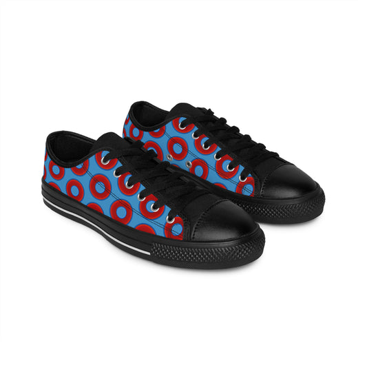 Women's Cushiony Convectors - Low Top - large red vivid donut print w/light steel blue background