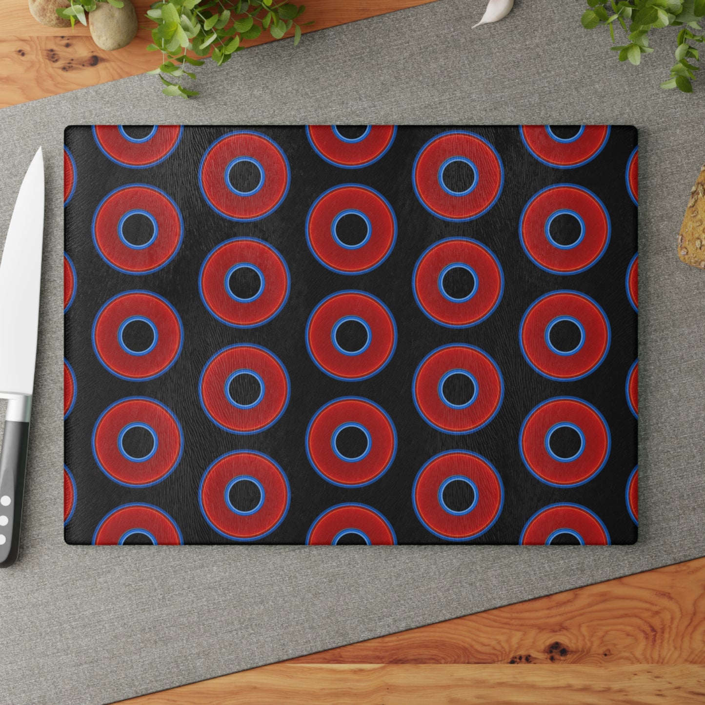 My Friend's Cutting Board - vivid red donuts w/black background