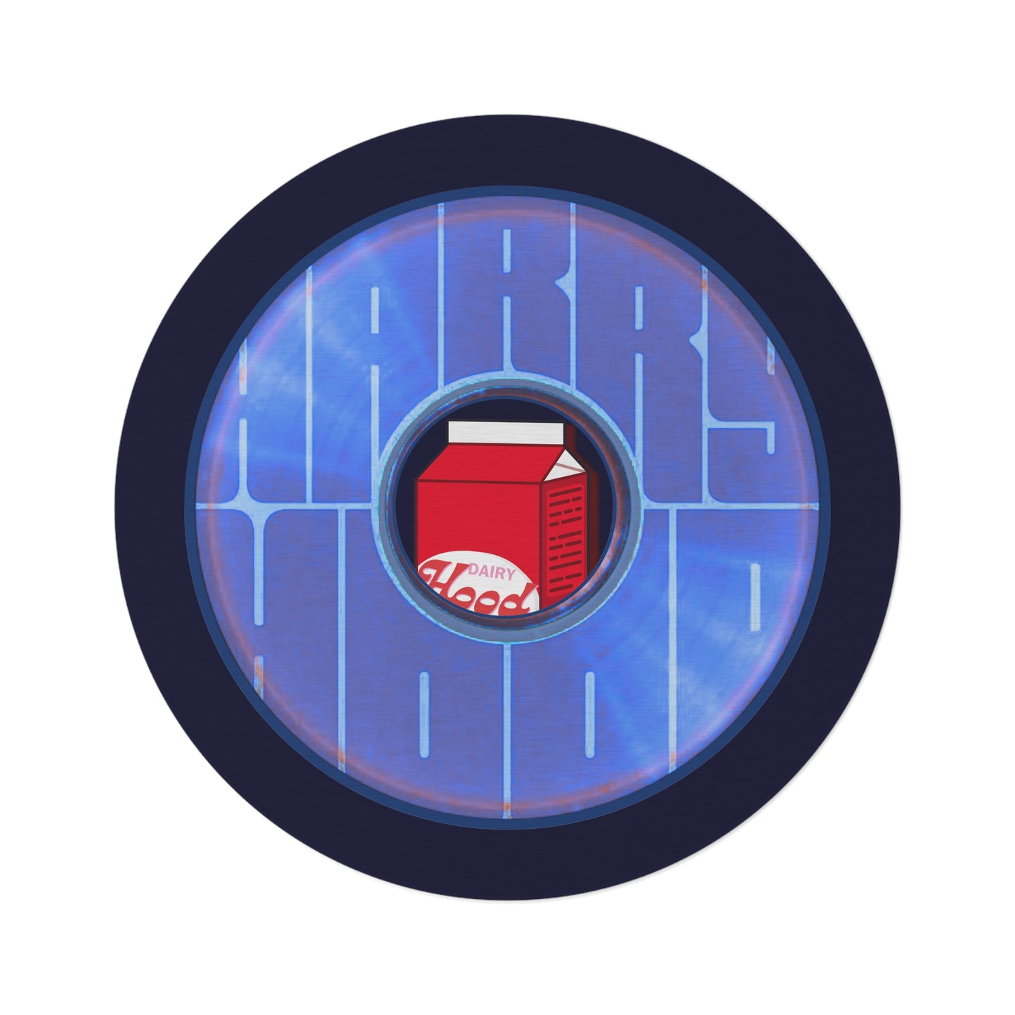 Round Room - 5 ft x 5 ft Lumpy Donut Rug - "Harry's Preferred Donut Rug" - vivid blue/violet word donut w/midnight blue background - variant 3