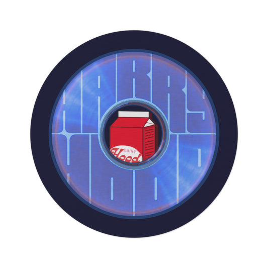 Round Room - 5 ft x 5 ft Lumpy Donut Rug - "Harry's Preferred Donut Rug" - vivid blue/violet word donut w/midnight blue background - variant 3