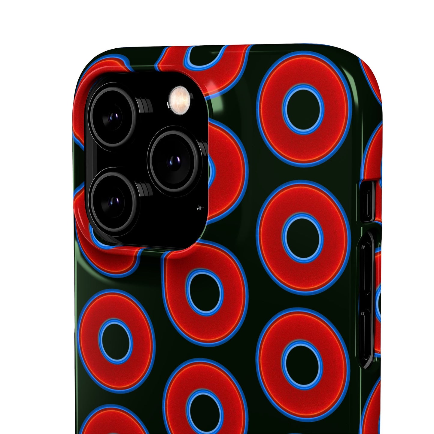 Lumpy Donut Snap Case - red vivid donut print w/midnight moss green background