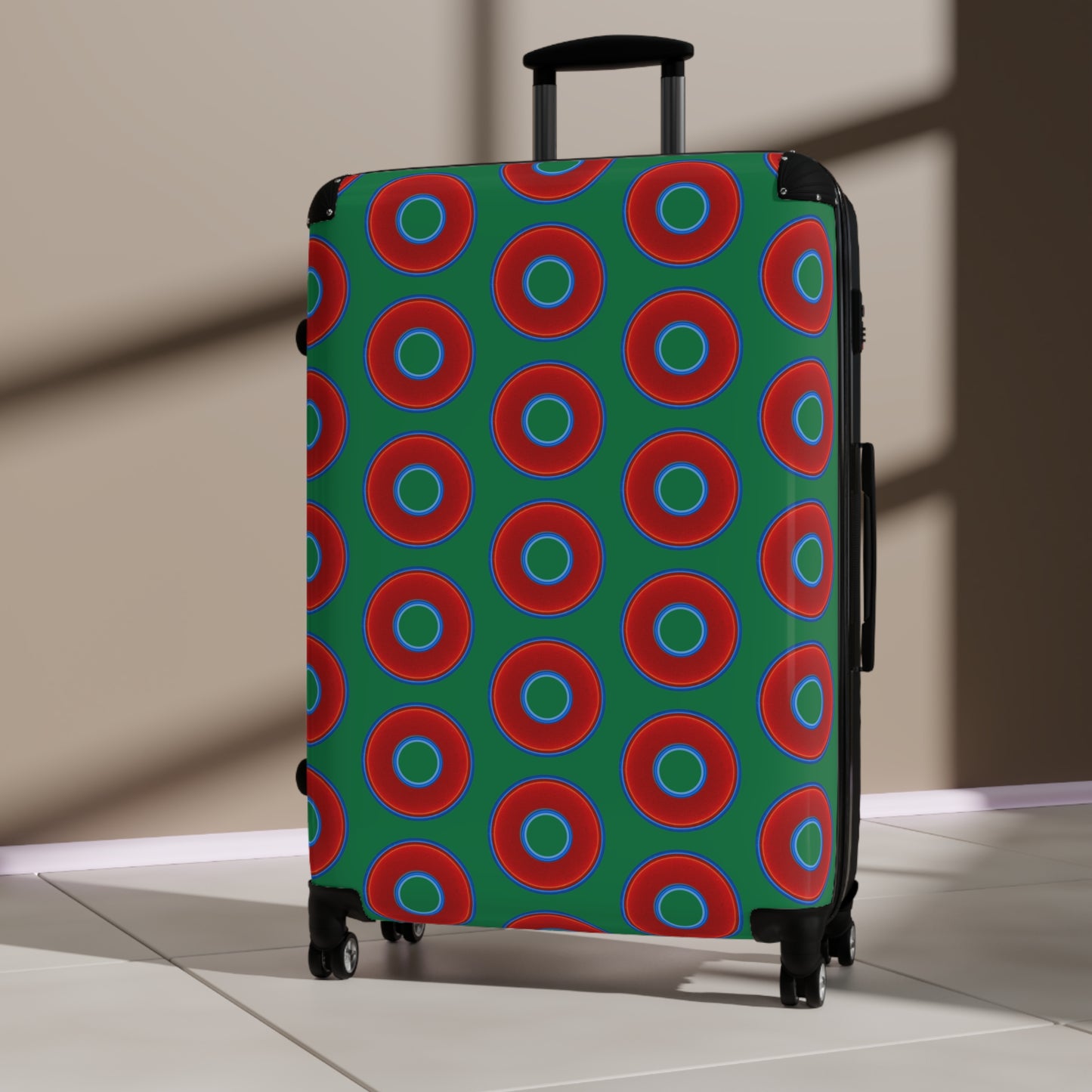 The Very Lumpy Donut Suitcase series - your choice of S, M or L - vivid red donut print w/dark green background