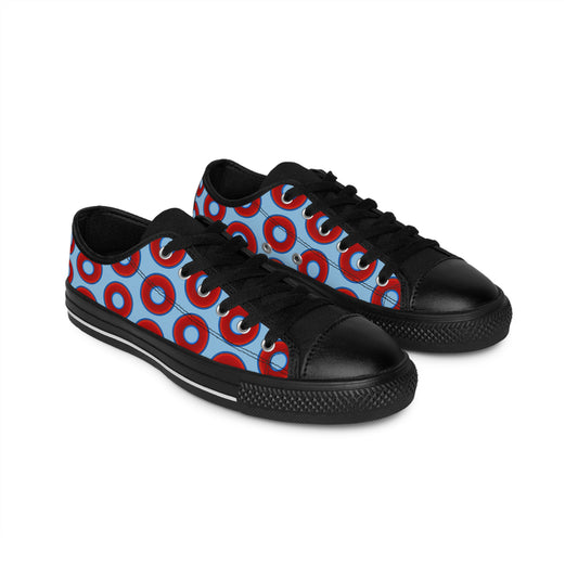 Women's Cushiony Convectors - Low Top - large red vivid donut print w/sky blue background