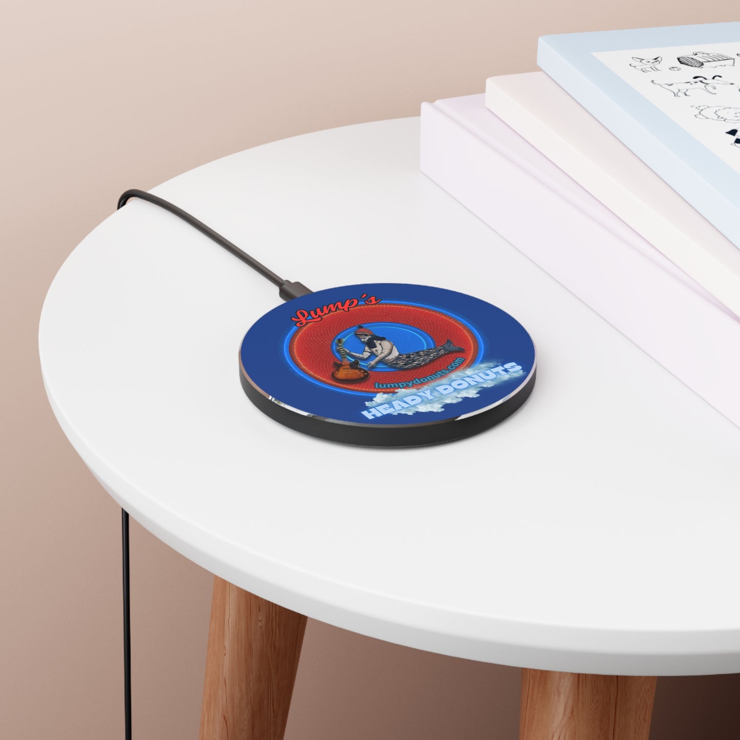 The Flow - Wireless Lumpy Donut Chargers - "Lump's Official Logo" - vivid red Dagon donut/royal blue background - variant 4