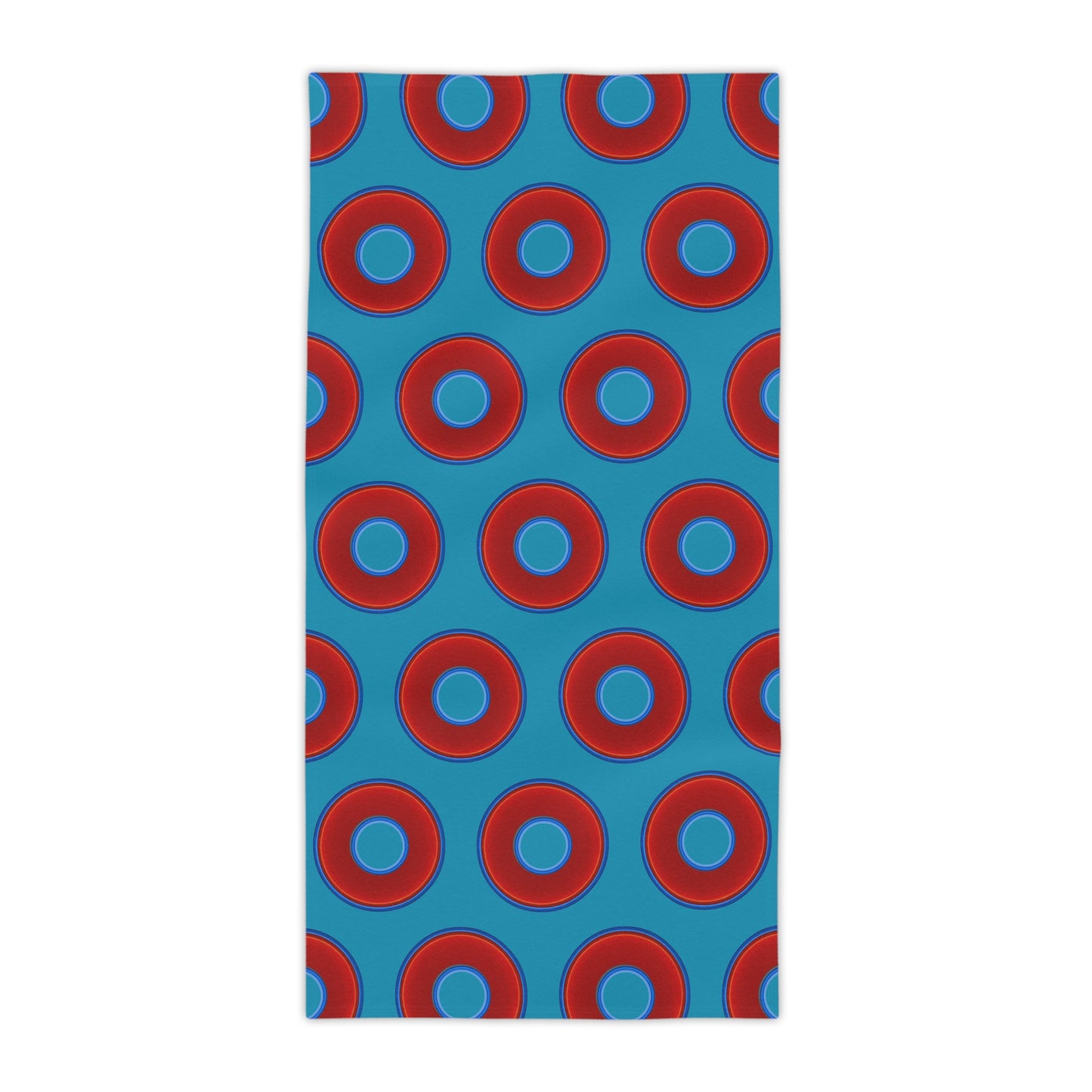 Lumpy Donut Towels - vivid red donuts w/aquamarine blue background