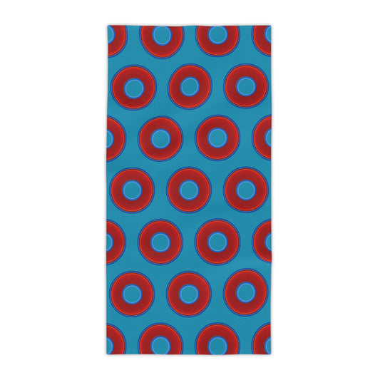 Lumpy Donut Towels - vivid red donuts w/aquamarine blue background
