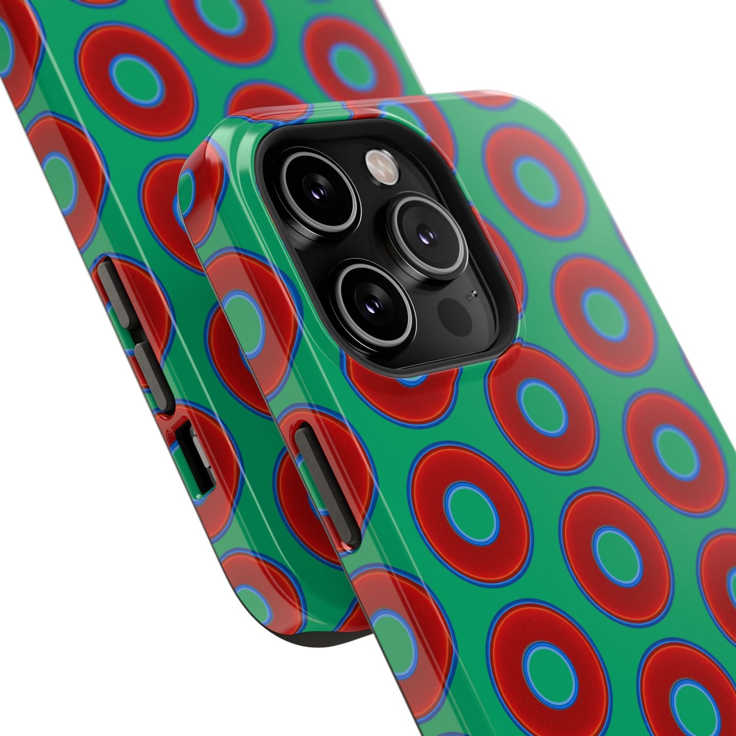 Impact-Resistant Lumpy Donut Case - red vivid donut print w/jade green background