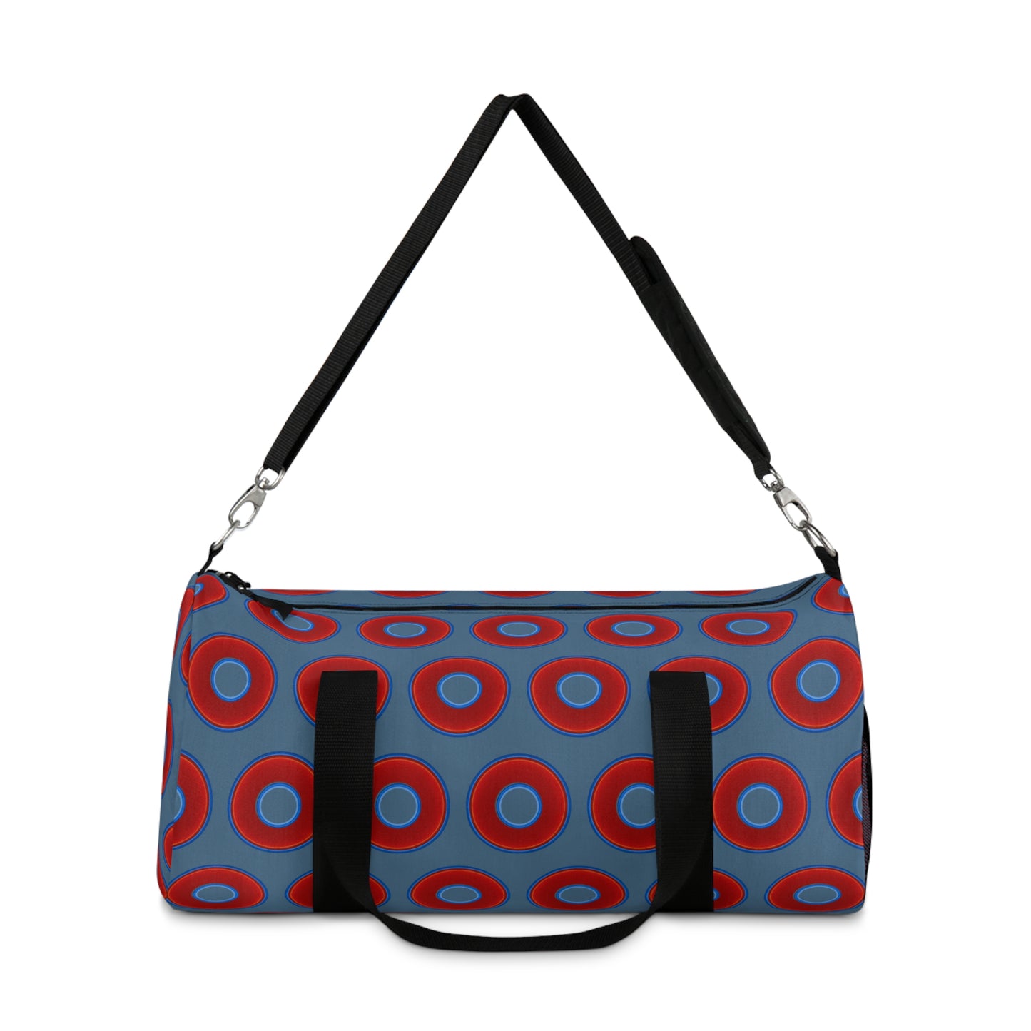 Lumpy Duffel - vivid red donuts w/steel blue background