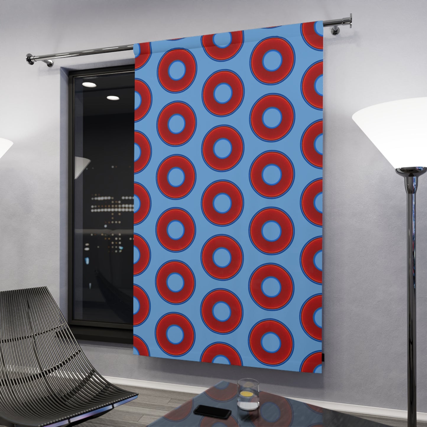 Lump's Heady Curtain w/Donuts - vivid red donut print - w/light blue background - [*1 Piece / 50" x 84"]