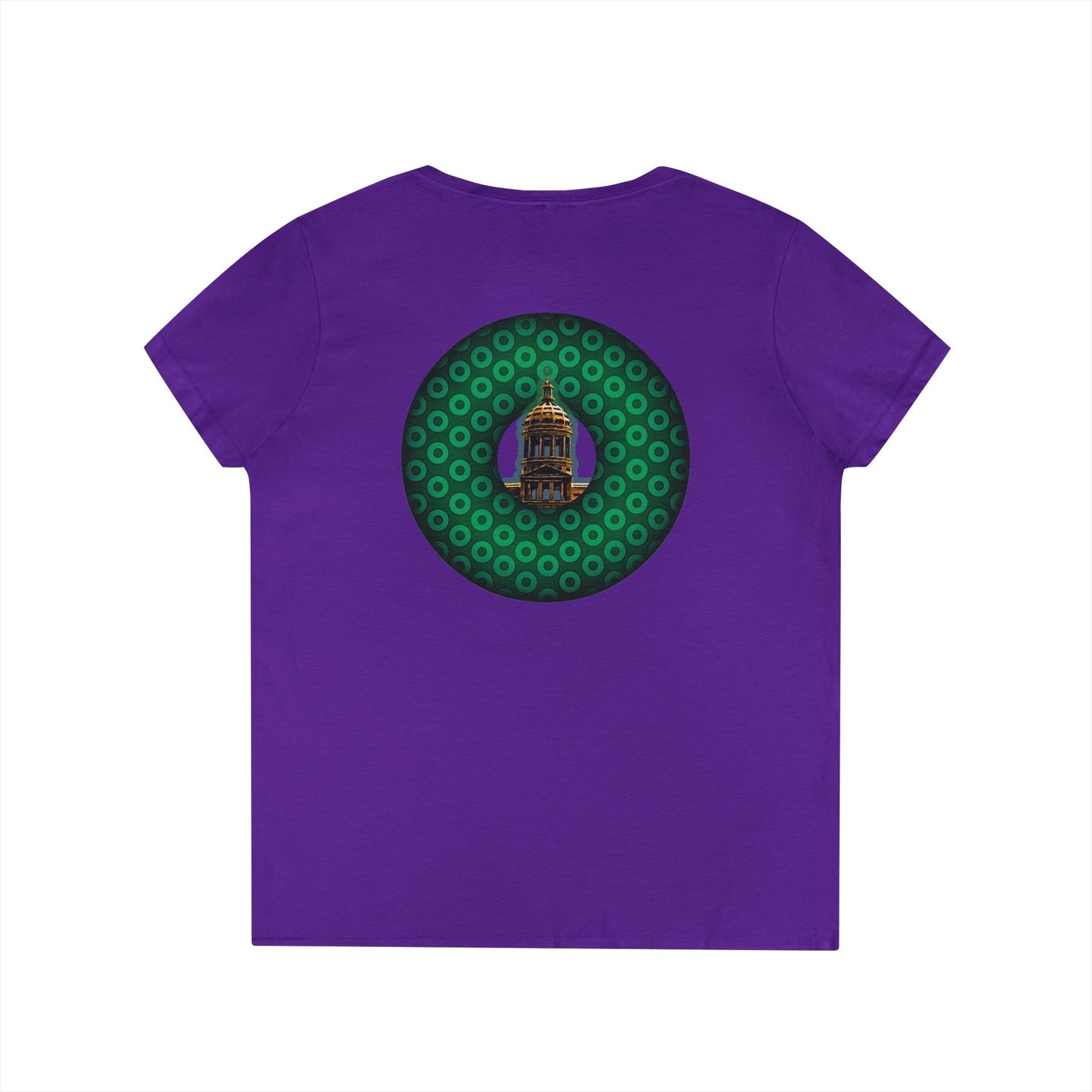 Women's Donut V-Neck Tee - "Save the Mondegreen City Hall Clock Tower" - variant 2 - green/green paradox donut w/