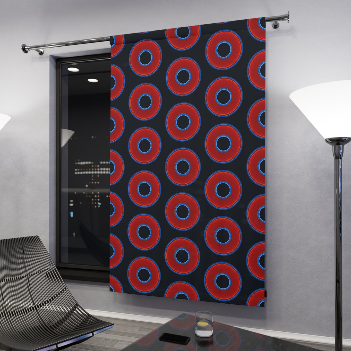 Lump's Heady Curtain w/Donuts - vivid red donut print - w/blue charcoal background - [*1 Piece / 50" x 84"]