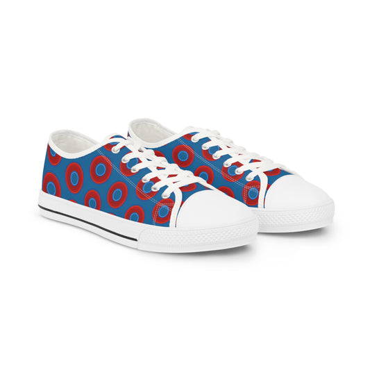 Men's - Low Top Chuck Taylors - large vivid red donut print w/wavy navy blue background