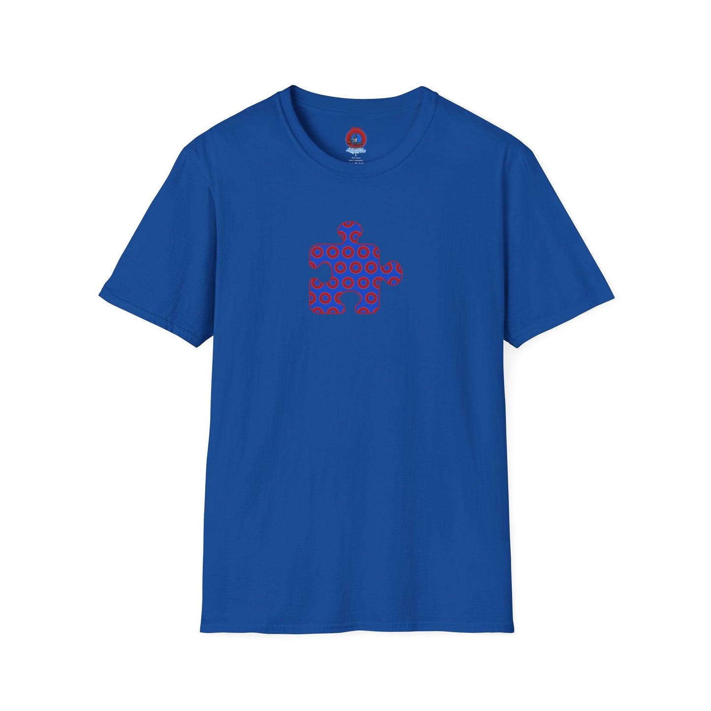 Classic Donut Tee - Unisex Soft-Style - "Trey's Completed Donut Pattern" - vivid red/blue puzzle pattern - variant 2