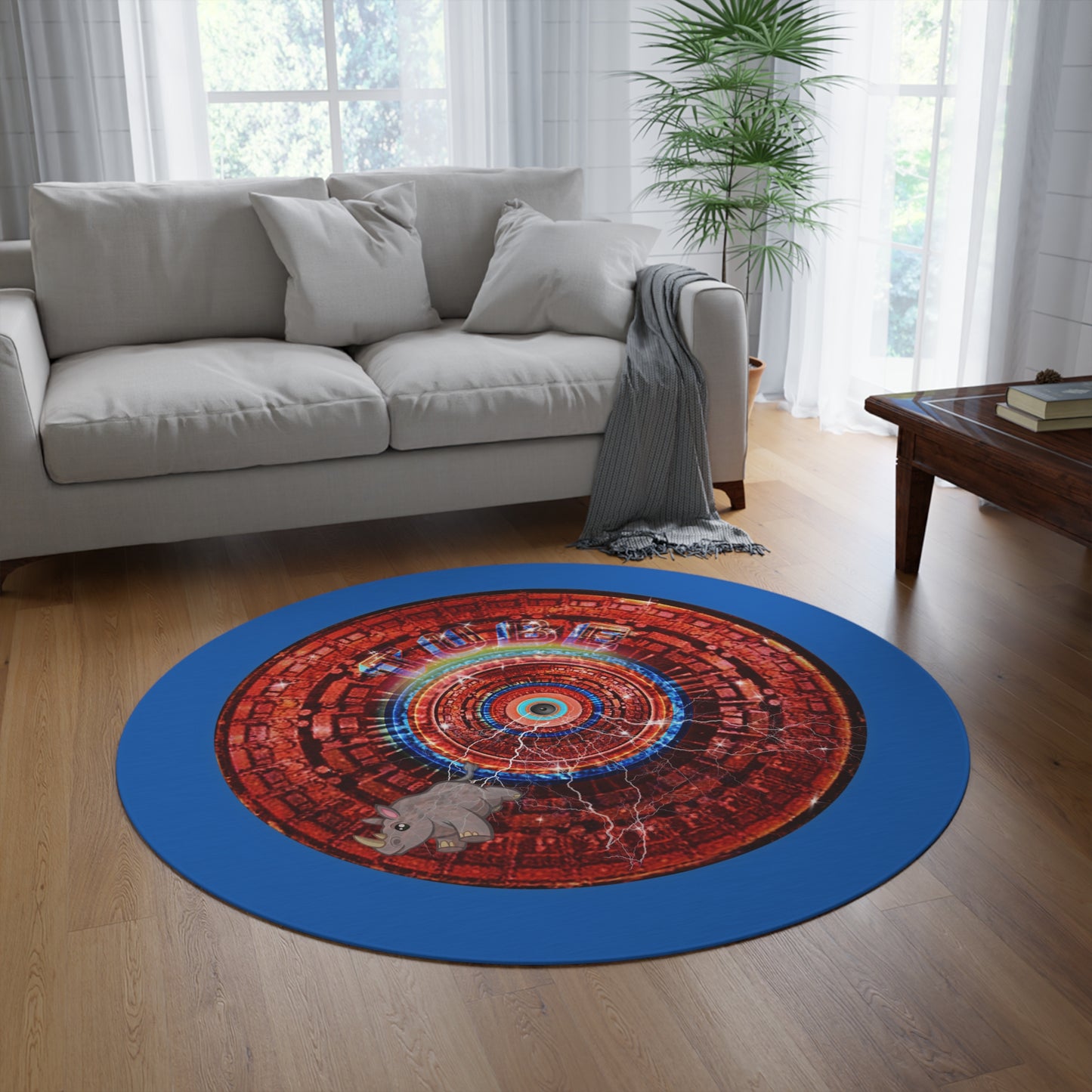 Round Room - 5 ft x 5 ft Lumpy Donut Rug - "Rhinos Do Run From Thunder & Donut Rugs" - vivid red/blue tube donut w/dark royal blue background - variant 2