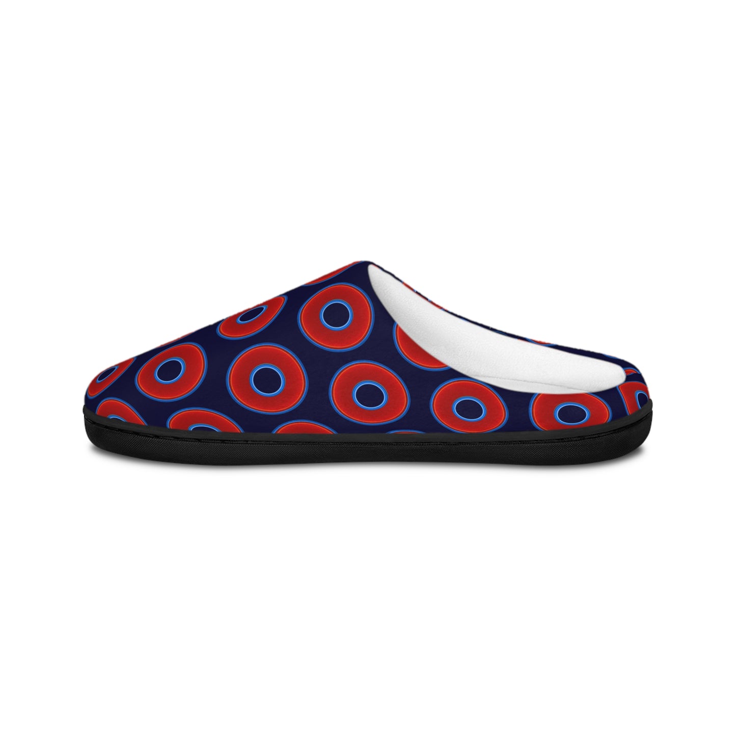 Men's Lumpy Slippers - red vivid donut print w/midnight blue background