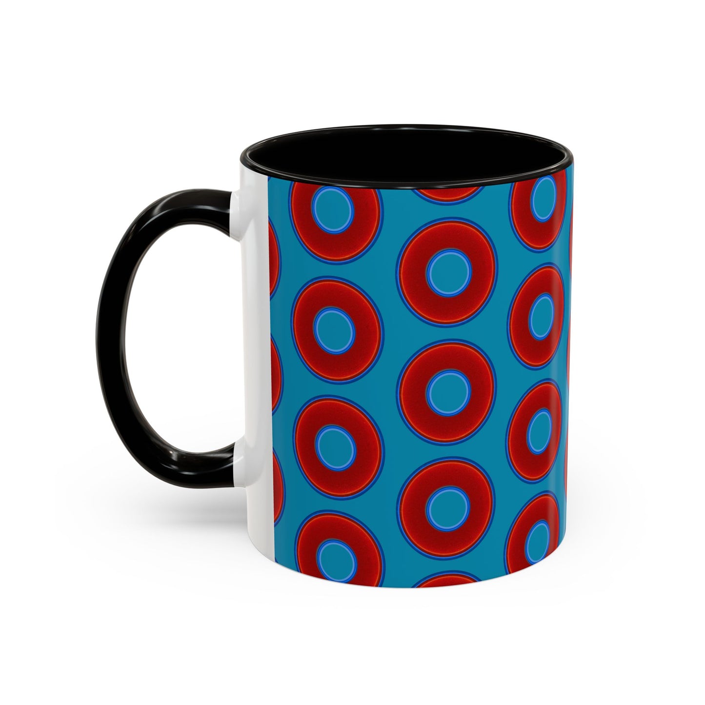 Lump's Grumpy Coffee Mug - vivid red donuts w/aquamarine blue background