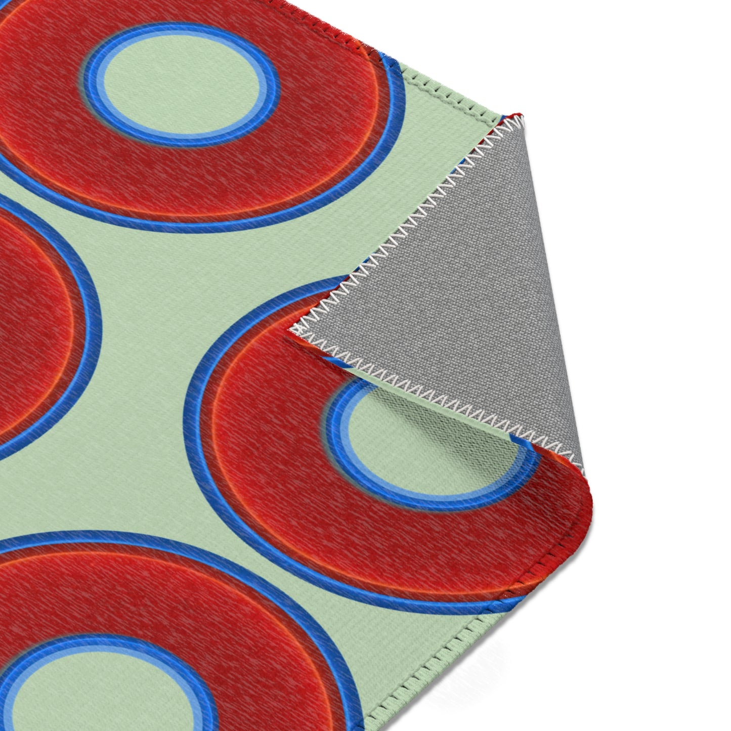 Lumpy Donut Print Rug - choice of 3 sizes - vivid red donut print w/seafoam background