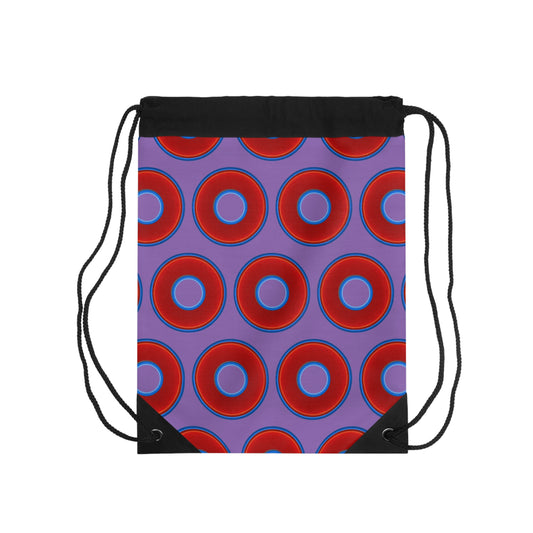 Lumpy Donut Drawstring Bag - red vivid donuts print w/light purple background