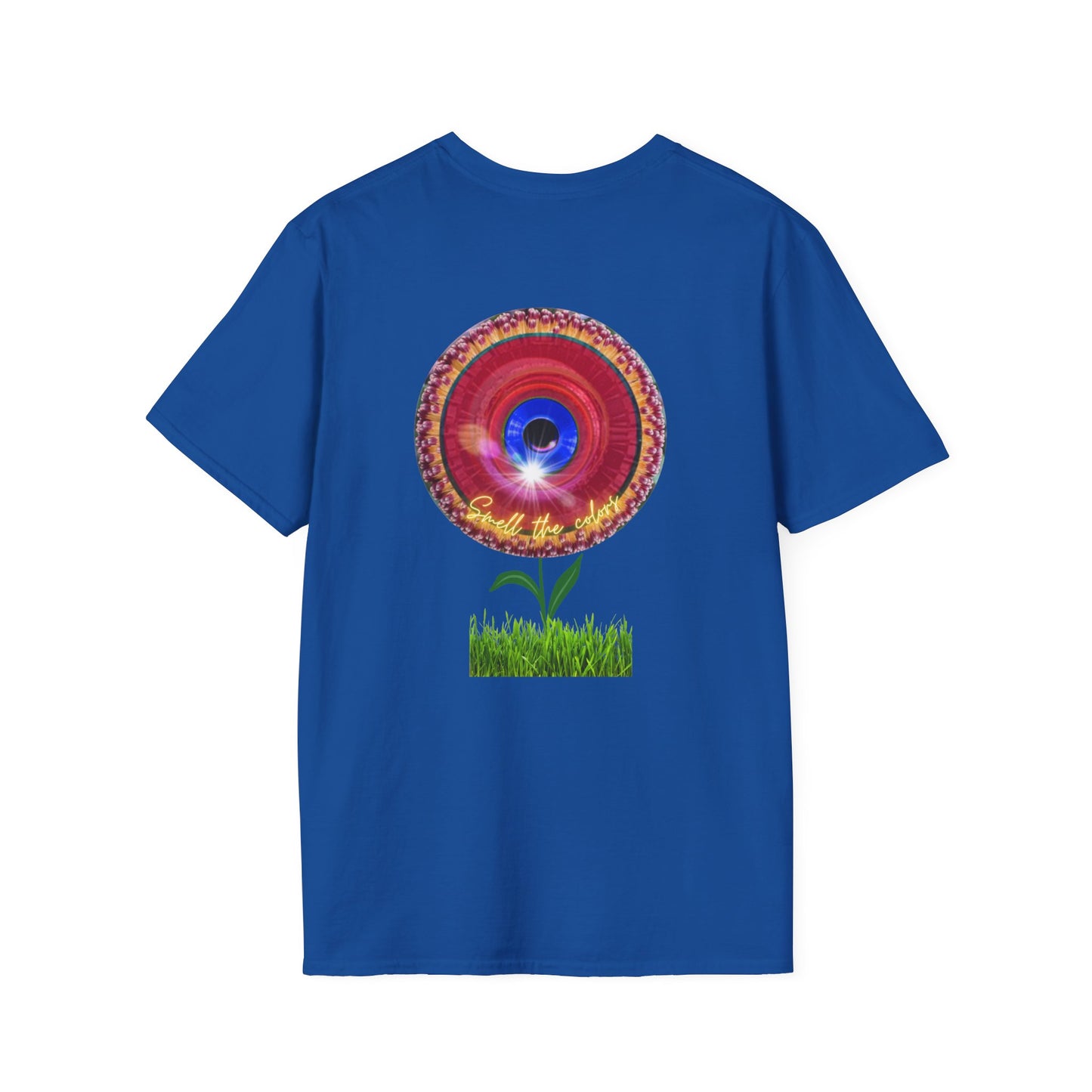 Classic Donut Tee - Unisex Soft-Style - "Smell the Donuts Outside on my Lawn"  " variant 2 - blue donut on red donut/flower