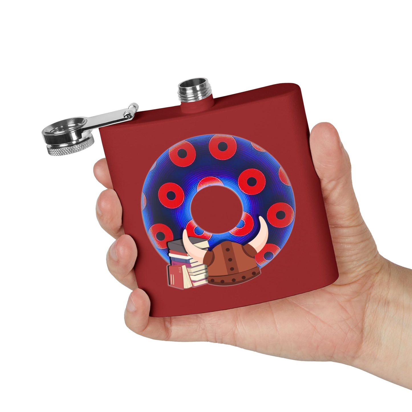 Lump's Donut Flask 6 oz -  "Vlad's Impaling Flask" - blue/red blimpy paradox donut - [*w/your choice of 5 backgrounds]