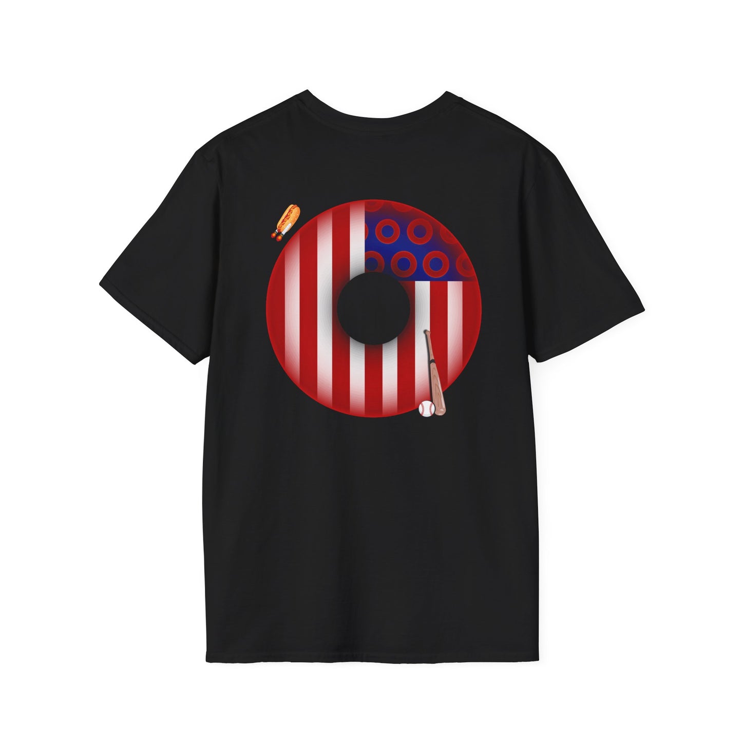 Classic Donut Tee - Unisex Soft-Style - "Uncle Sam's Donuts & Stripes" - vivid flag donut w/raw dogger