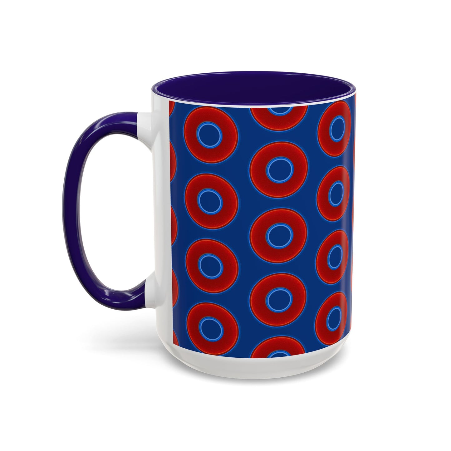 Lump's Grumpy Coffee Mug - vivid red donuts w/dark blue background