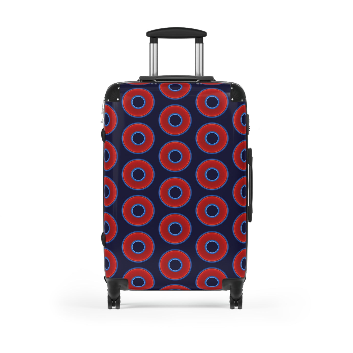 The Very Lumpy Donut Suitcase series - your choice of S, M or L - vivid red donut print w/midnight blue background