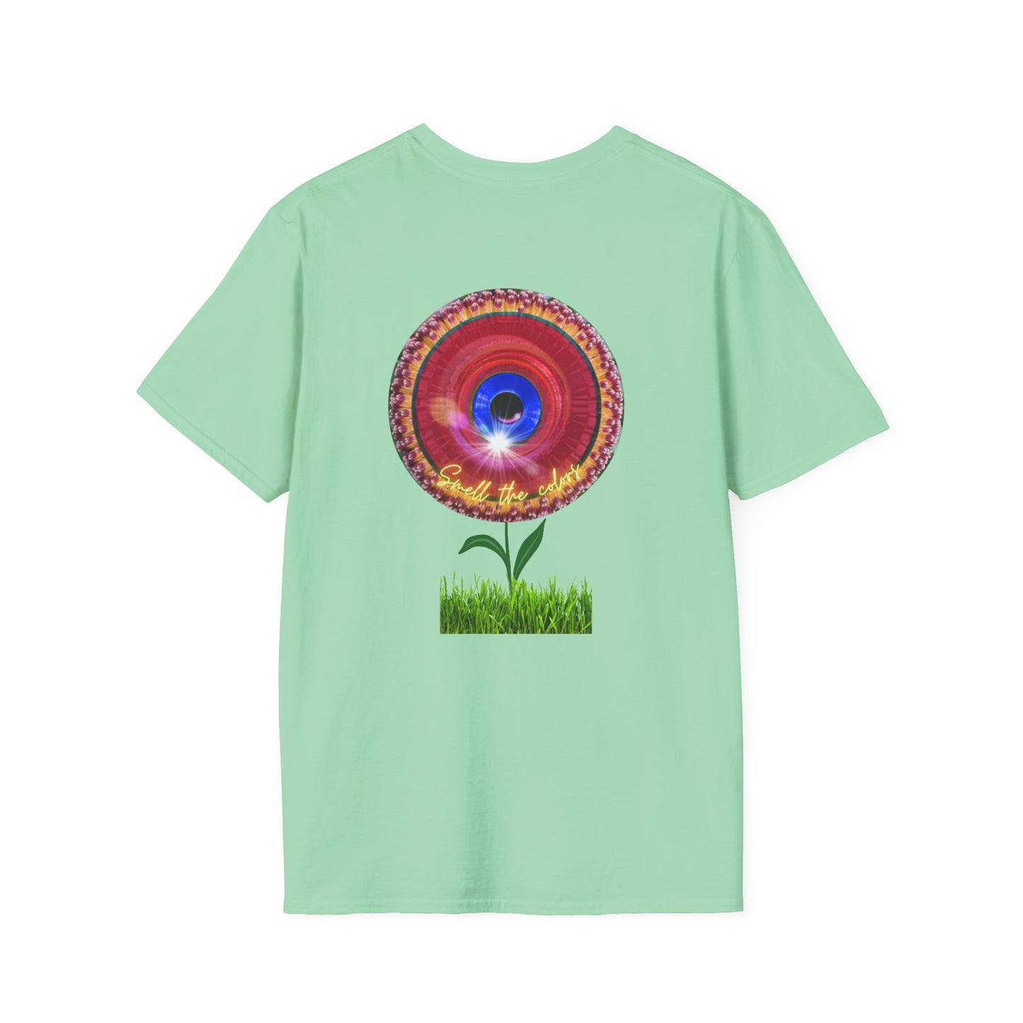 Classic Donut Tee - Unisex Soft-Style - "Smell the Donuts Outside on my Lawn"  " variant 2 - blue donut on red donut/flower