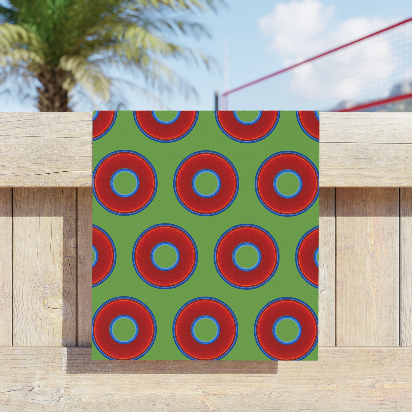 Lumpy Donut Towels - vivid red donuts w/light green background