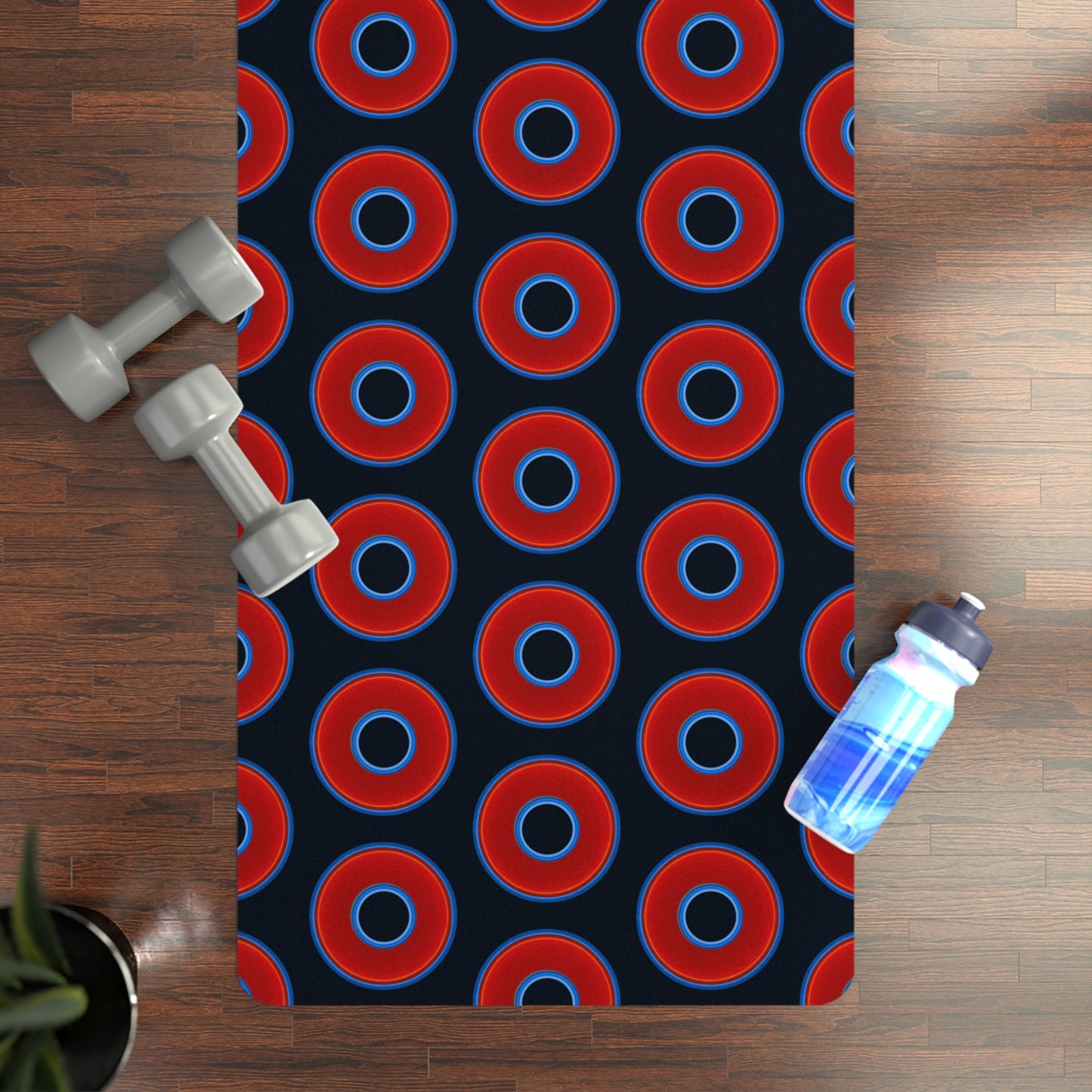 Lumpy Donut Yoga Mat :) - 24″ x 70" - vivid red donut print w/blue charcoal background