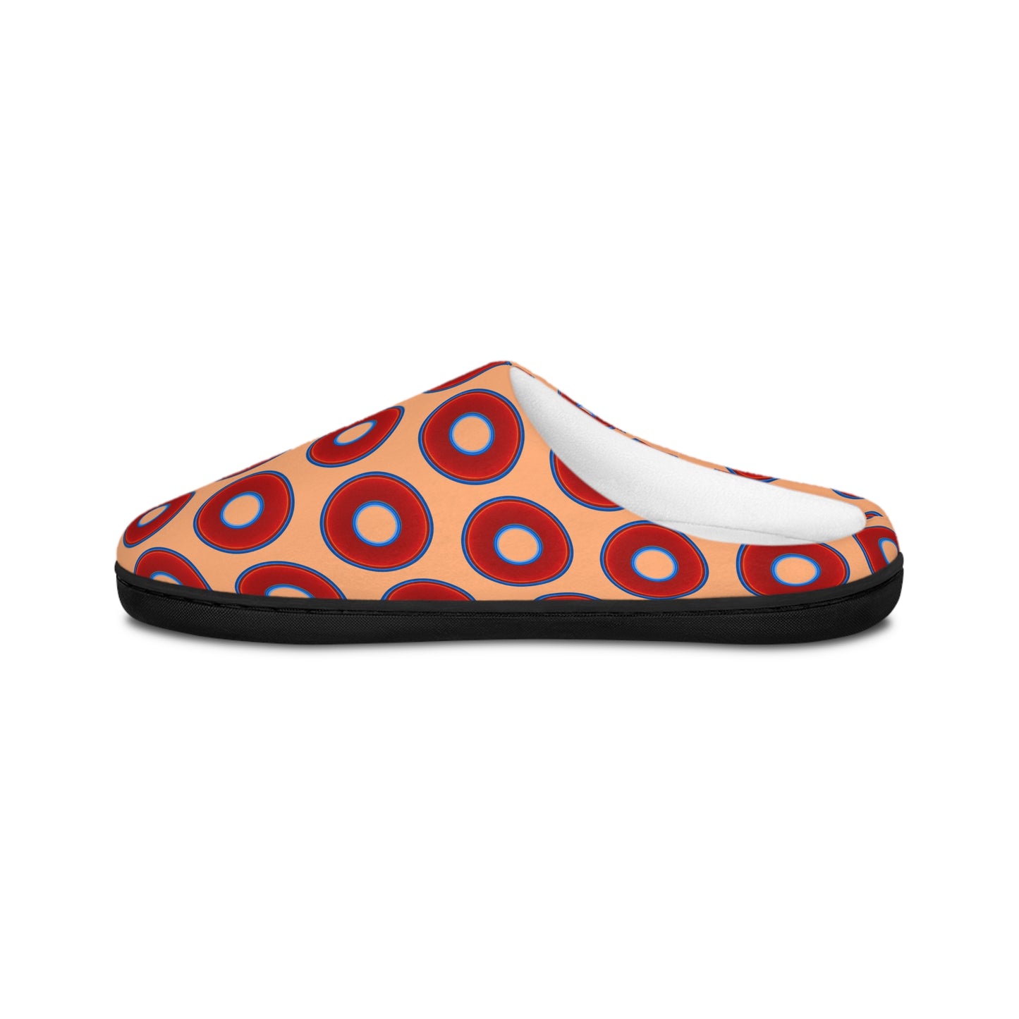 Women's Lumpy Slippers - red vivid donut print w/peach background