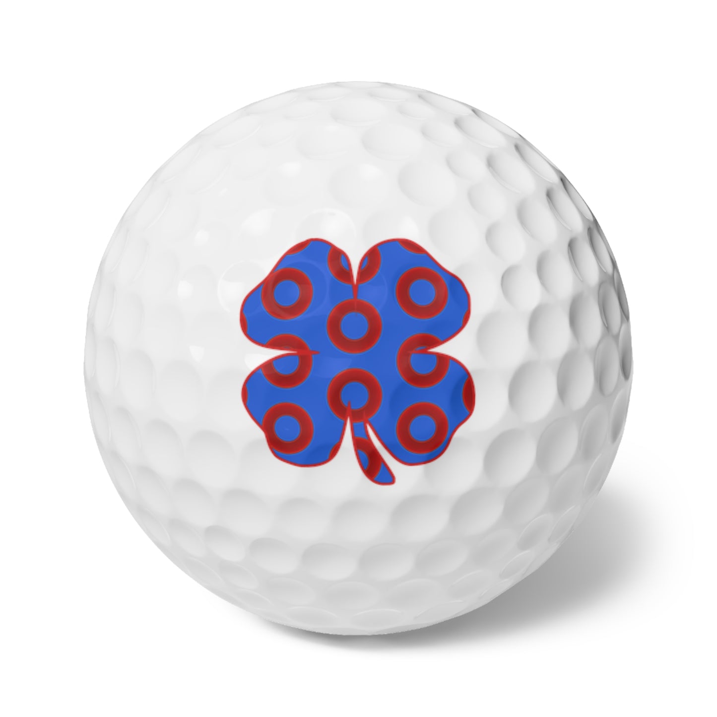 Lumpy Donut Golf Balls - 6-pack - "Patron Saint of Golf Balls" - vivid red/blue donut pattern - w/4-leaf clover - variant 4