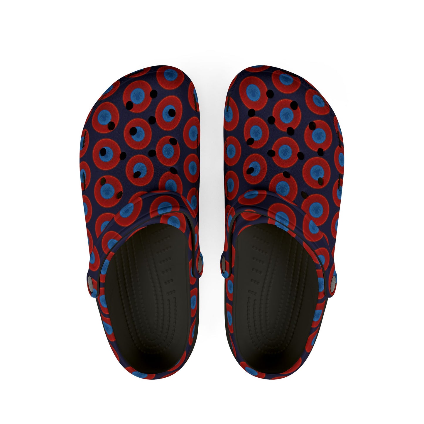 Spatchcocks - donut slip-on shoes - "Roger Moore's Octopussy Donut" - red vivid donuts w/midnight blue background [unisex]