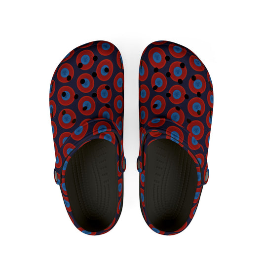 Spatchcocks - donut slip-on shoes - "Roger Moore's Octopussy Donut" - red vivid donuts w/midnight blue background [unisex]