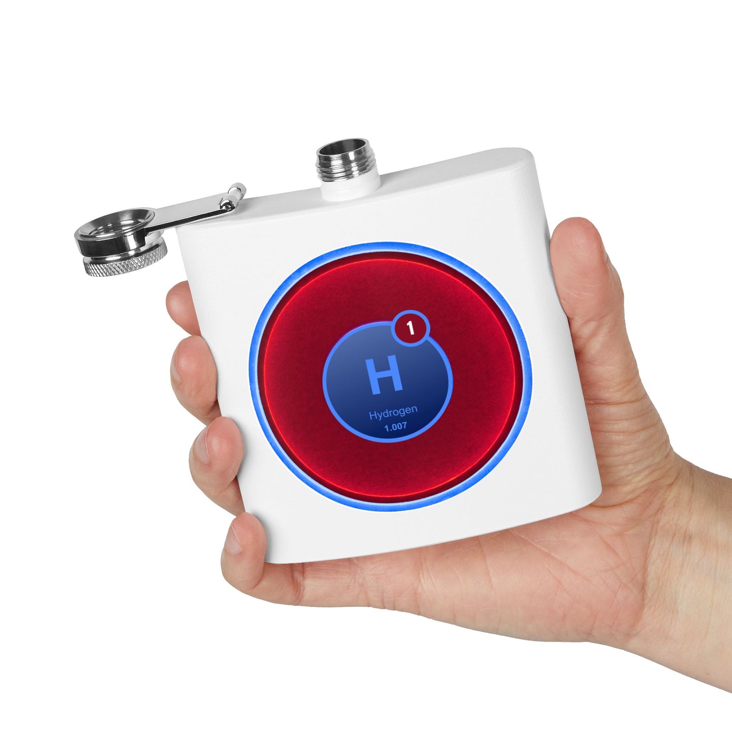 Lump's Donut Flask 6 oz -  "Flask full of Hydrogen" - vivid red donut - [*w/your choice of 6 backgrounds]