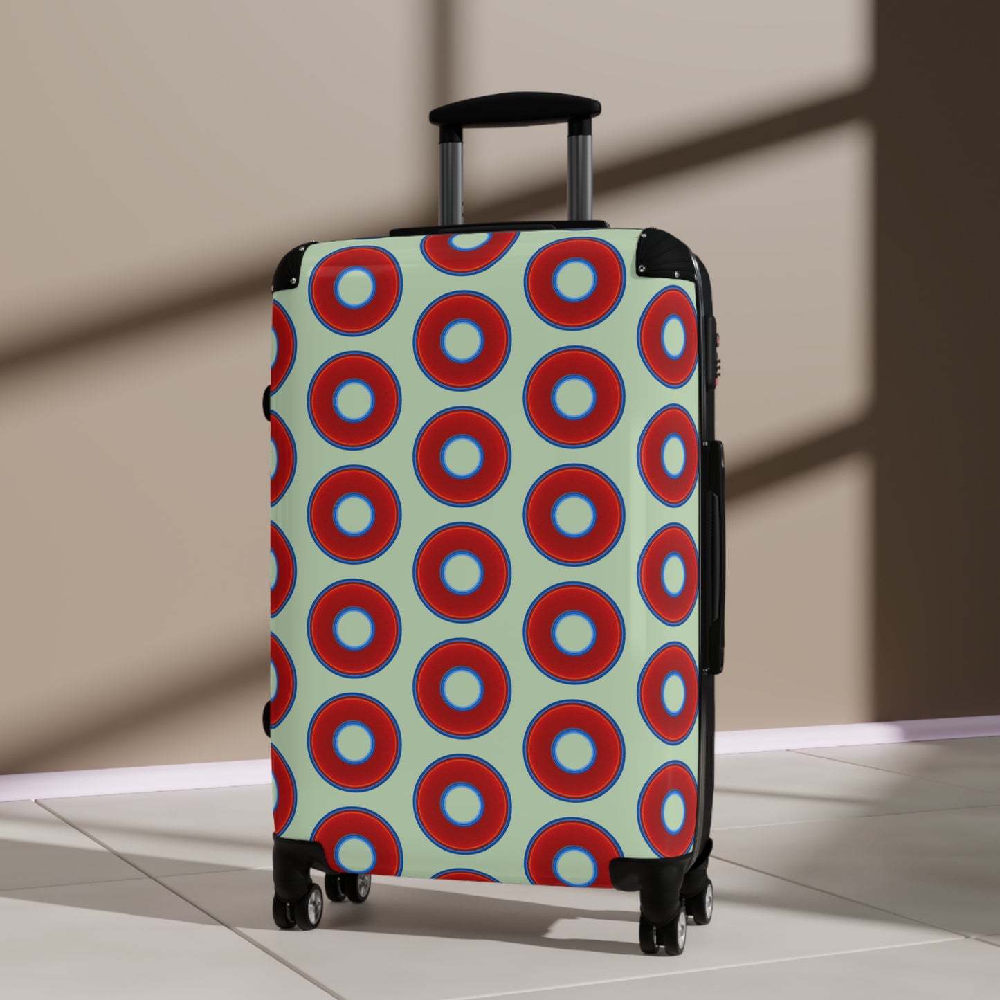 The Very Lumpy Donut Suitcase series - your choice of S, M or L - vivid red donut print w/seafoam background